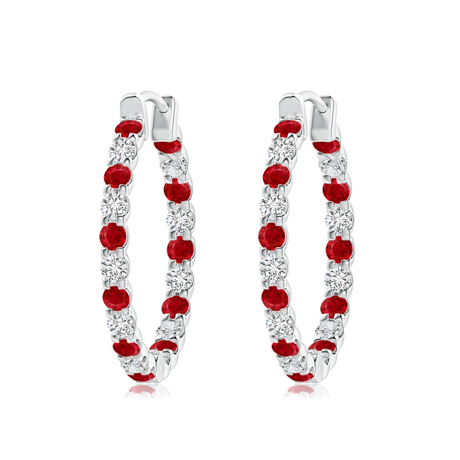 2.5mm AAA Prong-Set Ruby and Diamond Inside Out Hoop Earrings in White Gold 