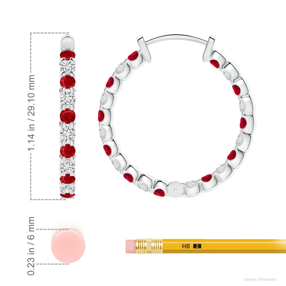 2.5mm AAA Prong-Set Ruby and Diamond Inside Out Hoop Earrings in White Gold ruler