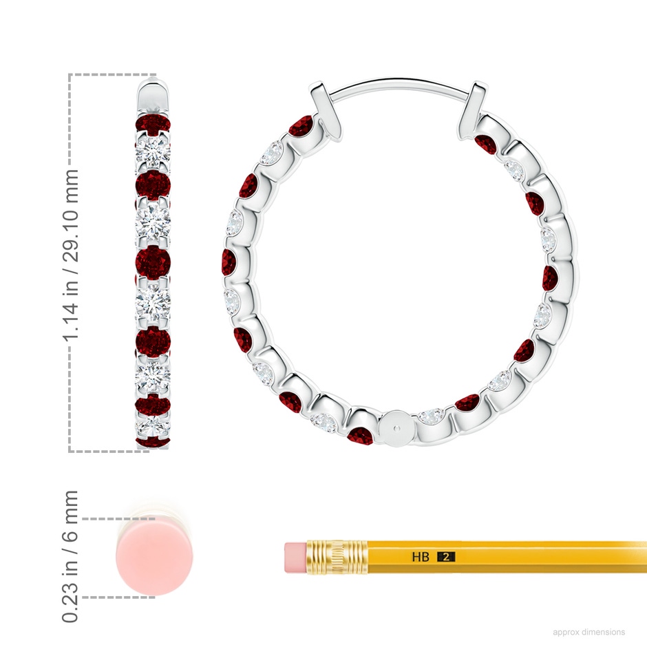 2.5mm AAAA Prong-Set Ruby and Diamond Inside Out Hoop Earrings in P950 Platinum ruler
