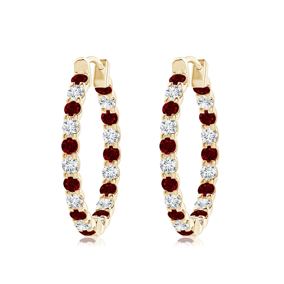 2.5mm AAAA Prong-Set Ruby and Diamond Inside Out Hoop Earrings in Yellow Gold 