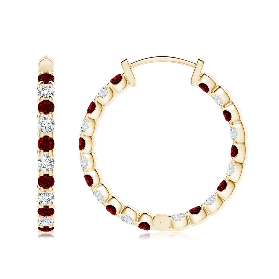 2.5mm AAAA Prong-Set Ruby and Diamond Inside Out Hoop Earrings in Yellow Gold side 199