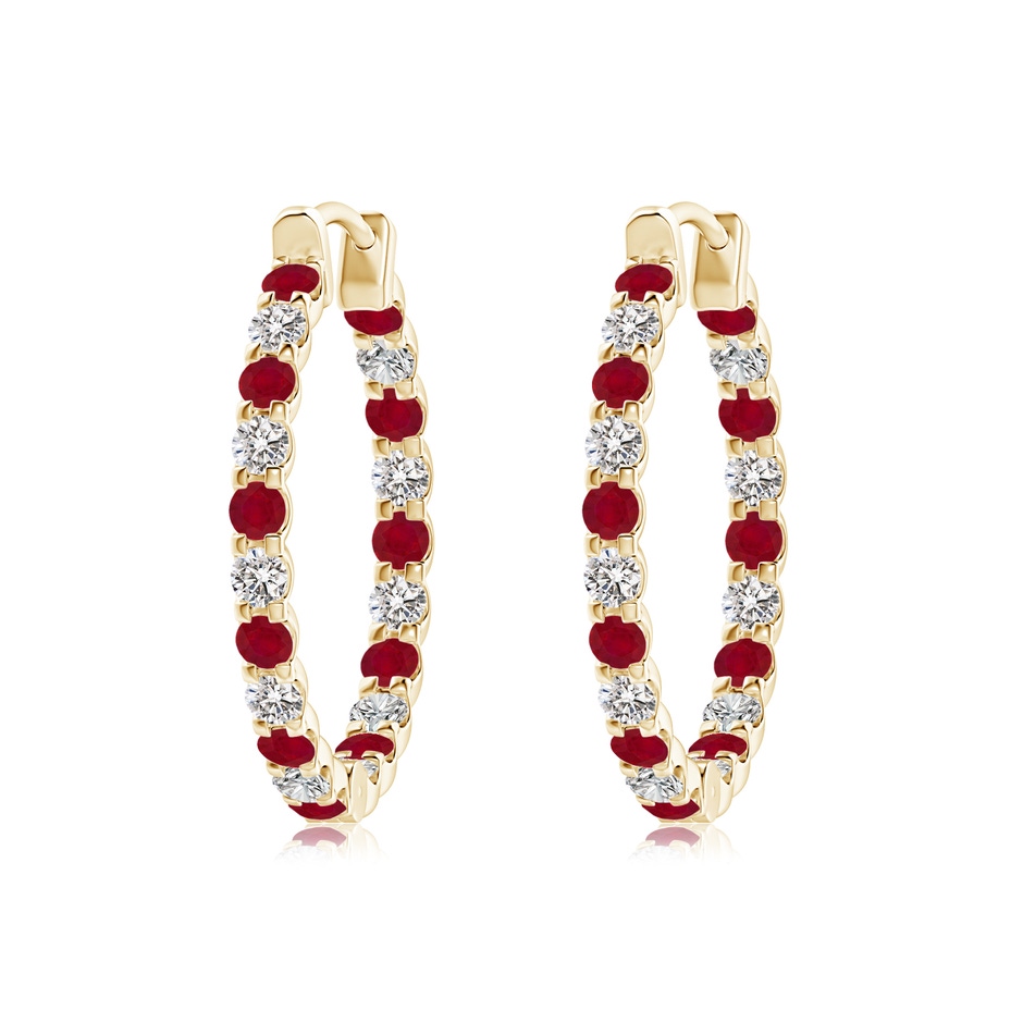 2mm AA Prong-Set Ruby and Diamond Inside Out Hoop Earrings in Yellow Gold 