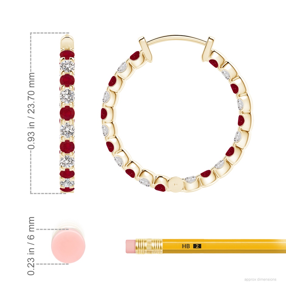 2mm AA Prong-Set Ruby and Diamond Inside Out Hoop Earrings in Yellow Gold ruler