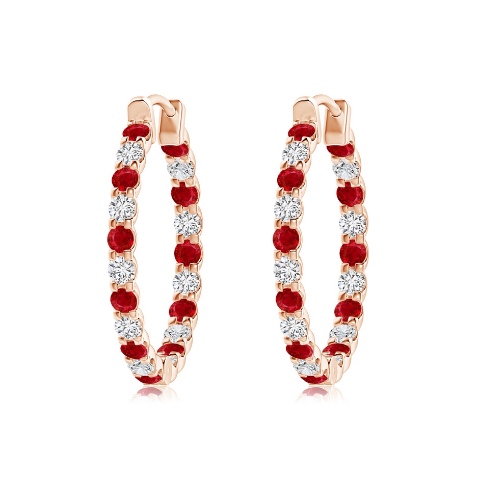 2mm AAA Prong-Set Ruby and Diamond Inside Out Hoop Earrings in Rose Gold 