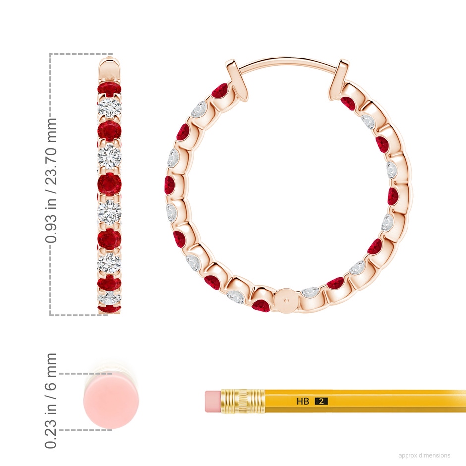 2mm AAA Prong-Set Ruby and Diamond Inside Out Hoop Earrings in Rose Gold ruler