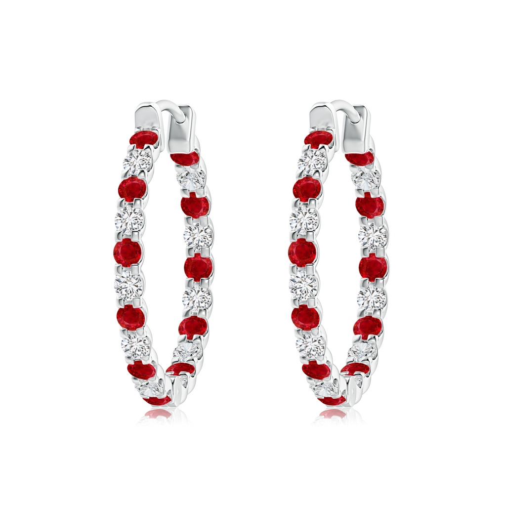 2mm AAA Prong-Set Ruby and Diamond Inside Out Hoop Earrings in White Gold 
