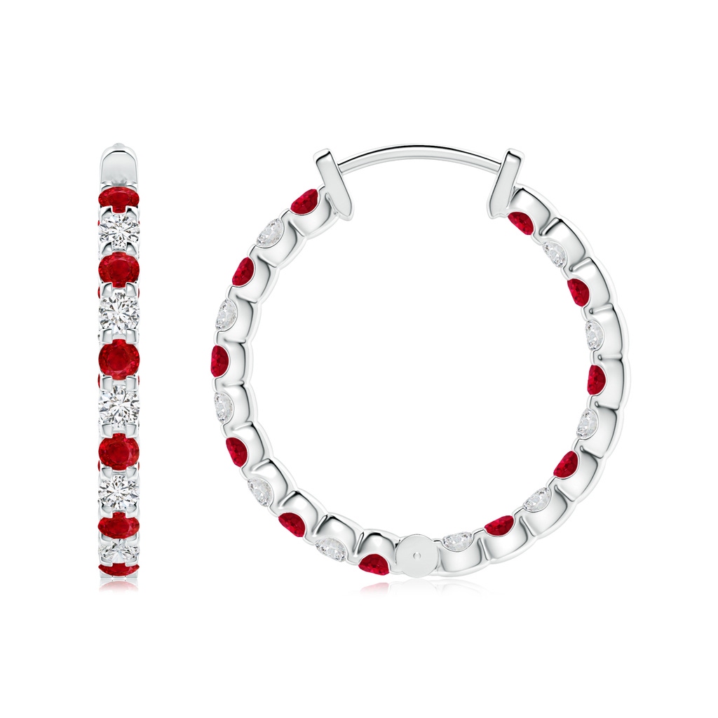 2mm AAA Prong-Set Ruby and Diamond Inside Out Hoop Earrings in White Gold Side 199
