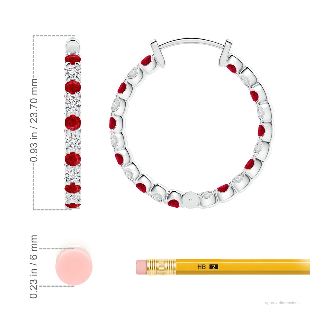 2mm AAA Prong-Set Ruby and Diamond Inside Out Hoop Earrings in White Gold ruler