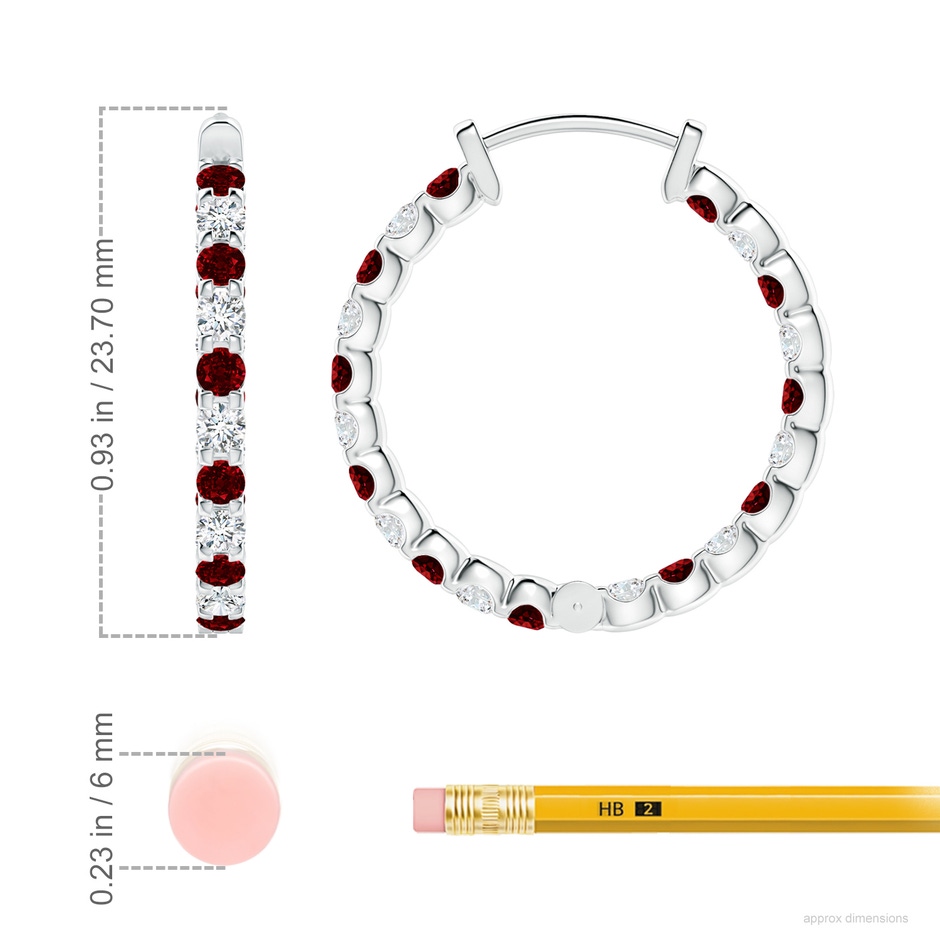 2mm AAAA Prong-Set Ruby and Diamond Inside Out Hoop Earrings in P950 Platinum ruler