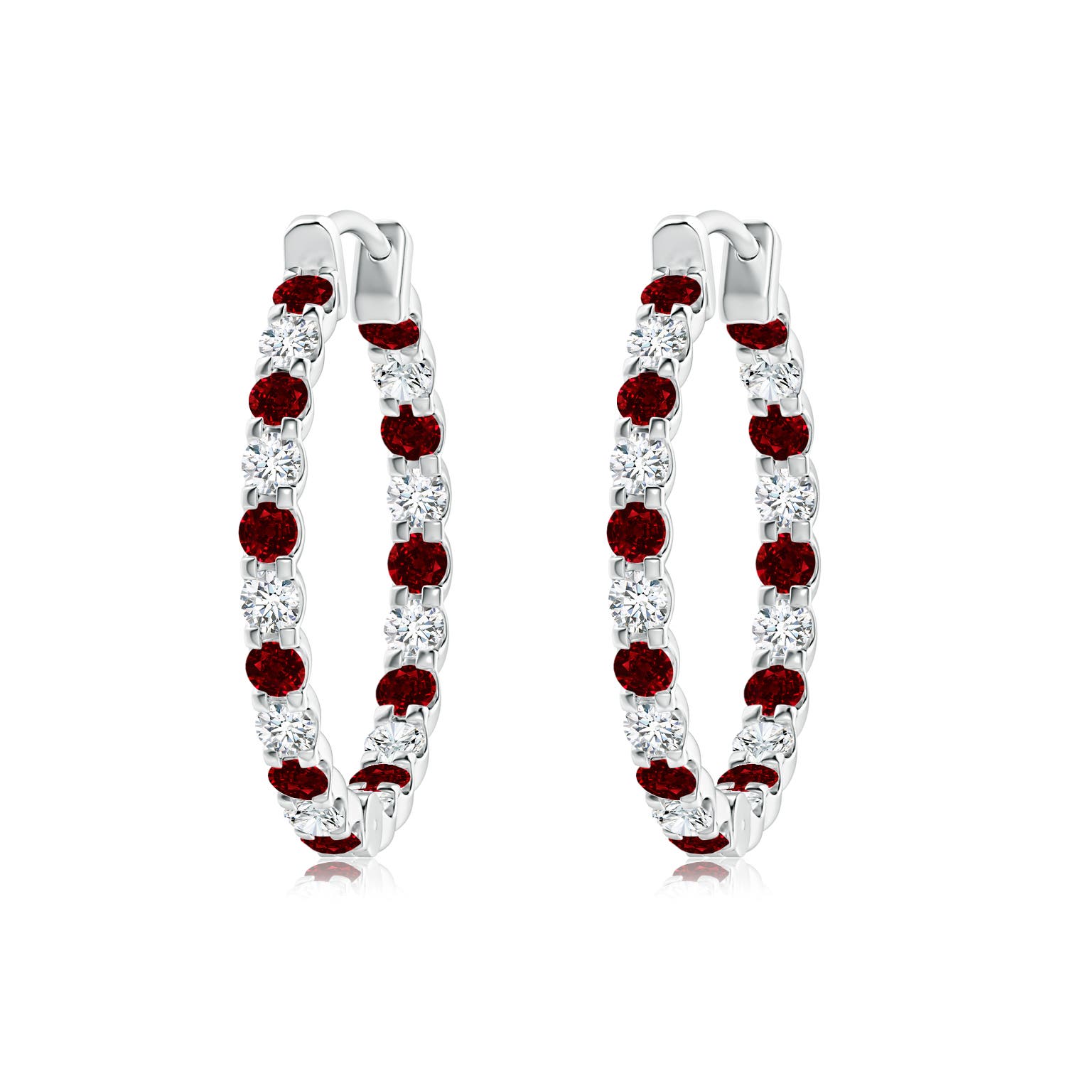 2mm AAAA Prong-Set Ruby and Diamond Inside Out Hoop Earrings in White Gold