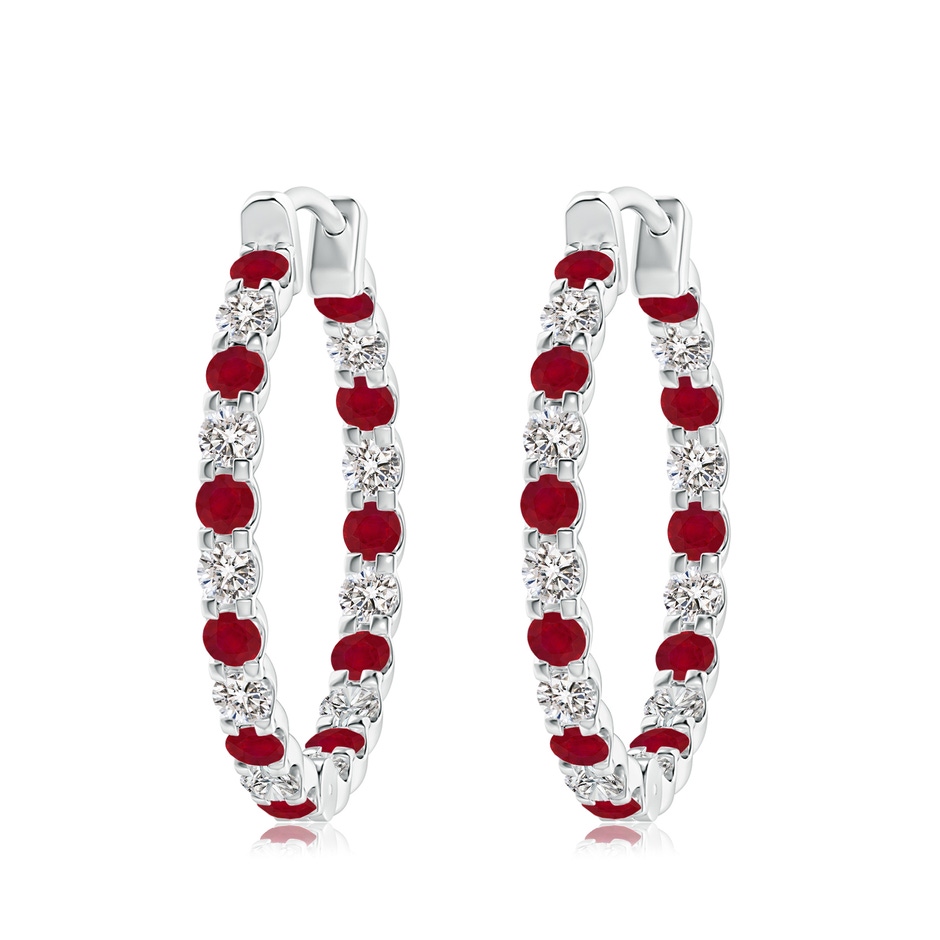 3mm AA Prong-Set Ruby and Diamond Inside Out Hoop Earrings in White Gold 
