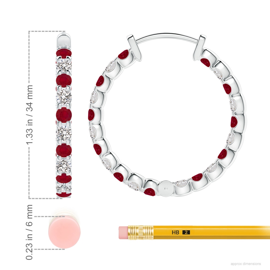3mm AA Prong-Set Ruby and Diamond Inside Out Hoop Earrings in White Gold ruler