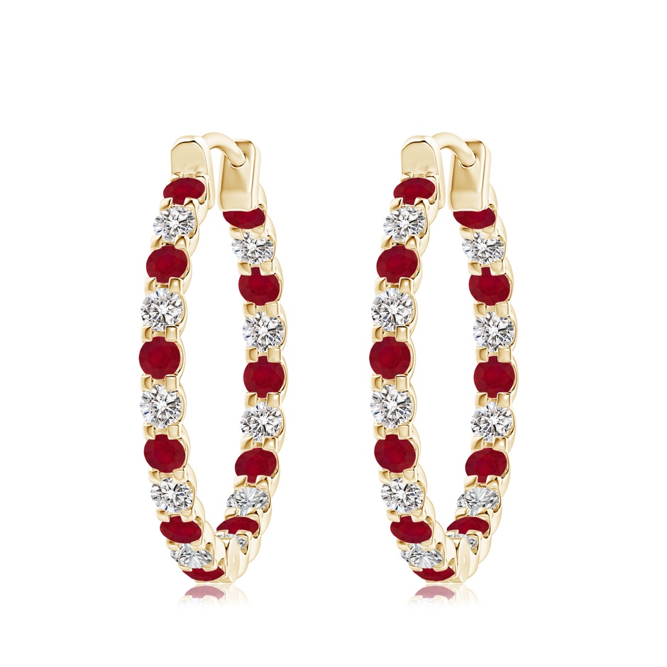 3mm AA Prong-Set Ruby and Diamond Inside Out Hoop Earrings in Yellow Gold 