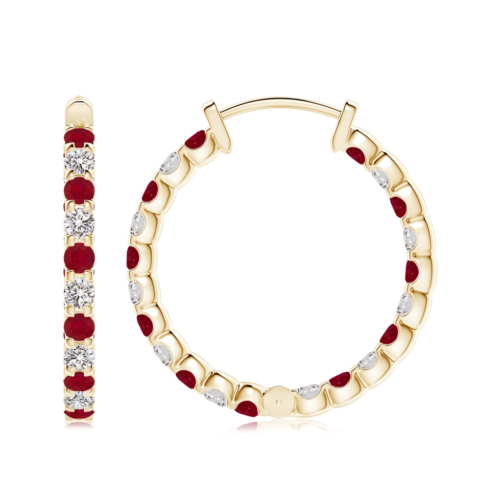 3mm AA Prong-Set Ruby and Diamond Inside Out Hoop Earrings in Yellow Gold side 199
