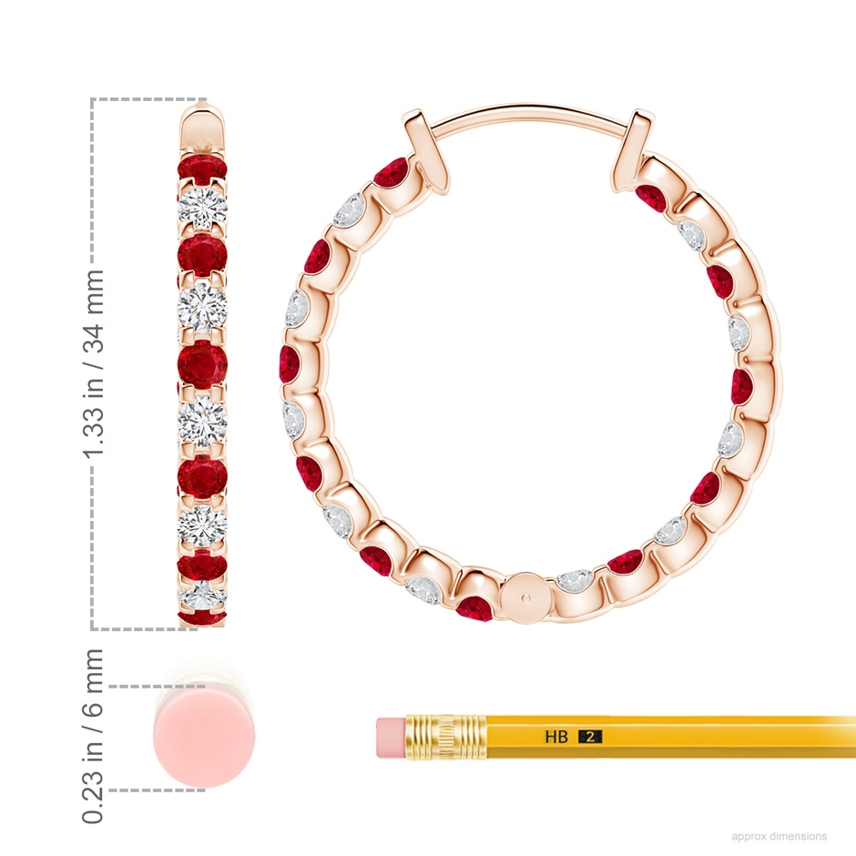 3mm AAA Prong-Set Ruby and Diamond Inside Out Hoop Earrings in 18K Rose Gold ruler