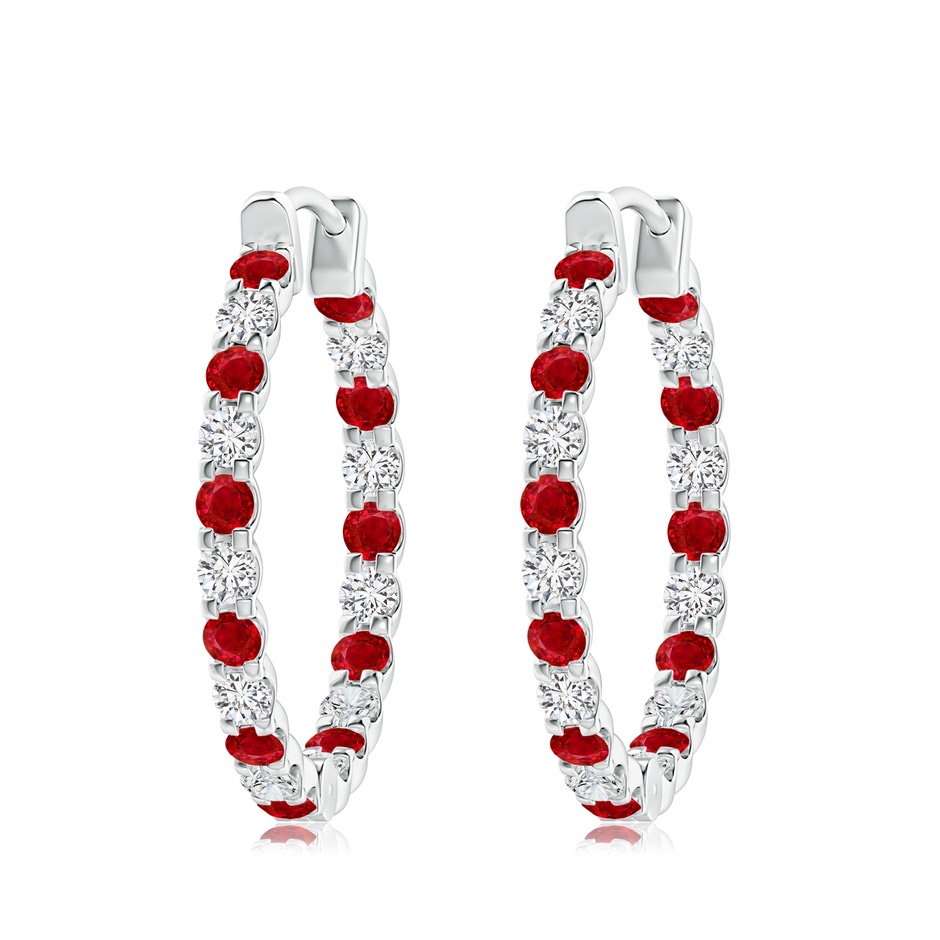 3mm AAA Prong-Set Ruby and Diamond Inside Out Hoop Earrings in White Gold 