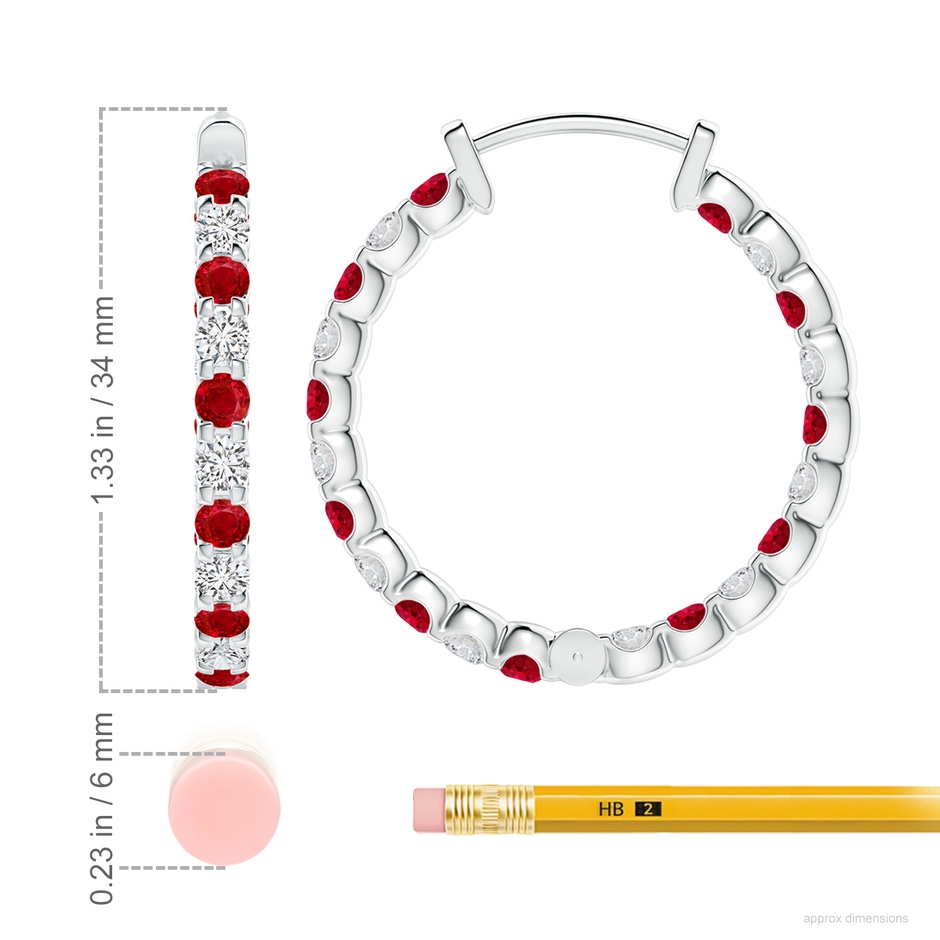 3mm AAA Prong-Set Ruby and Diamond Inside Out Hoop Earrings in White Gold ruler