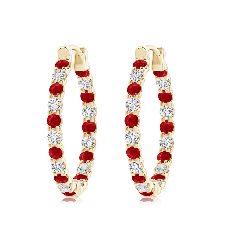 3mm AAA Prong-Set Ruby and Diamond Inside Out Hoop Earrings in Yellow Gold 