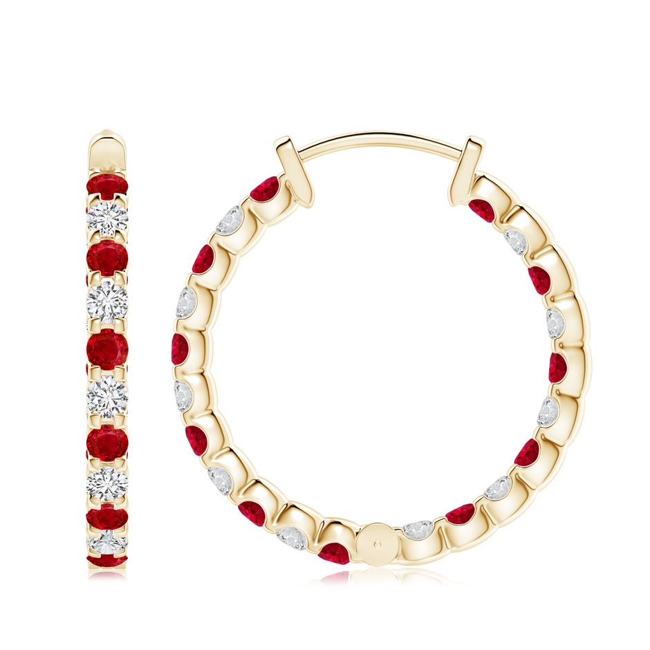 3mm AAA Prong-Set Ruby and Diamond Inside Out Hoop Earrings in Yellow Gold side 199