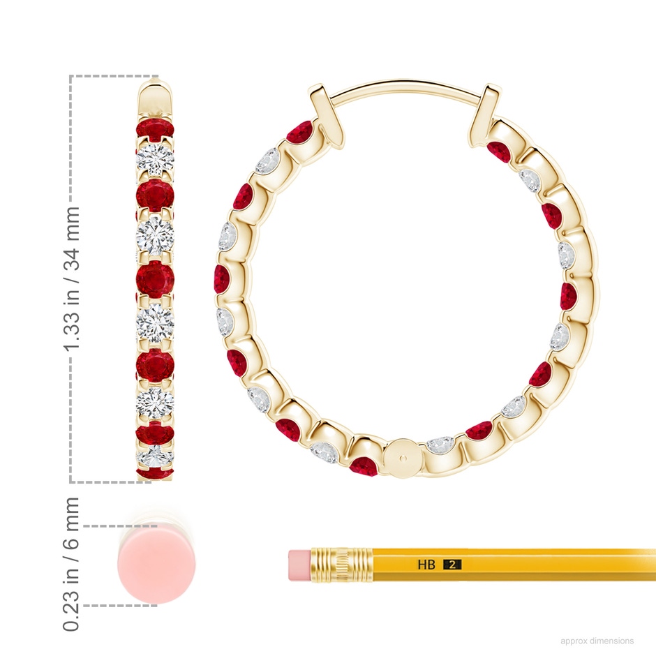 3mm AAA Prong-Set Ruby and Diamond Inside Out Hoop Earrings in Yellow Gold ruler