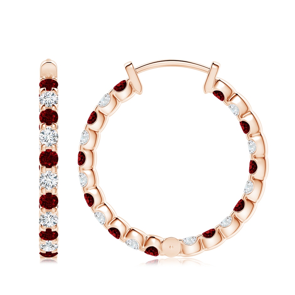 3mm AAAA Prong-Set Ruby and Diamond Inside Out Hoop Earrings in 18K Rose Gold side 199