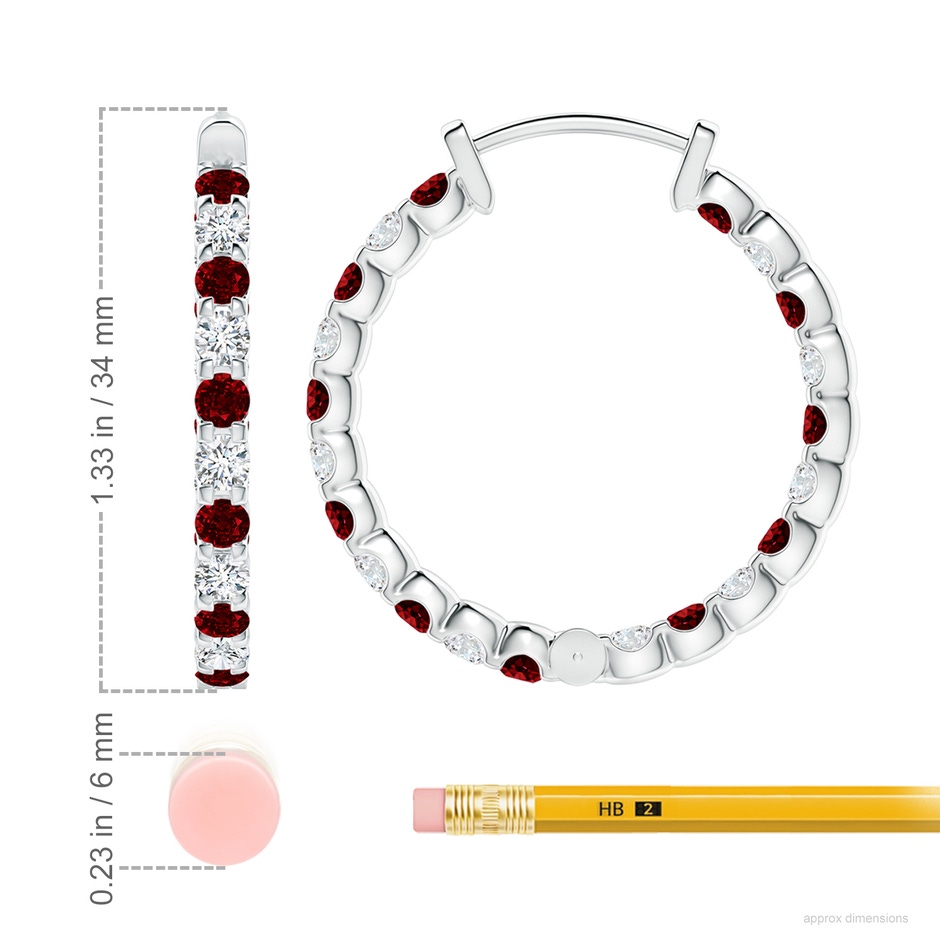 3mm AAAA Prong-Set Ruby and Diamond Inside Out Hoop Earrings in P950 Platinum ruler
