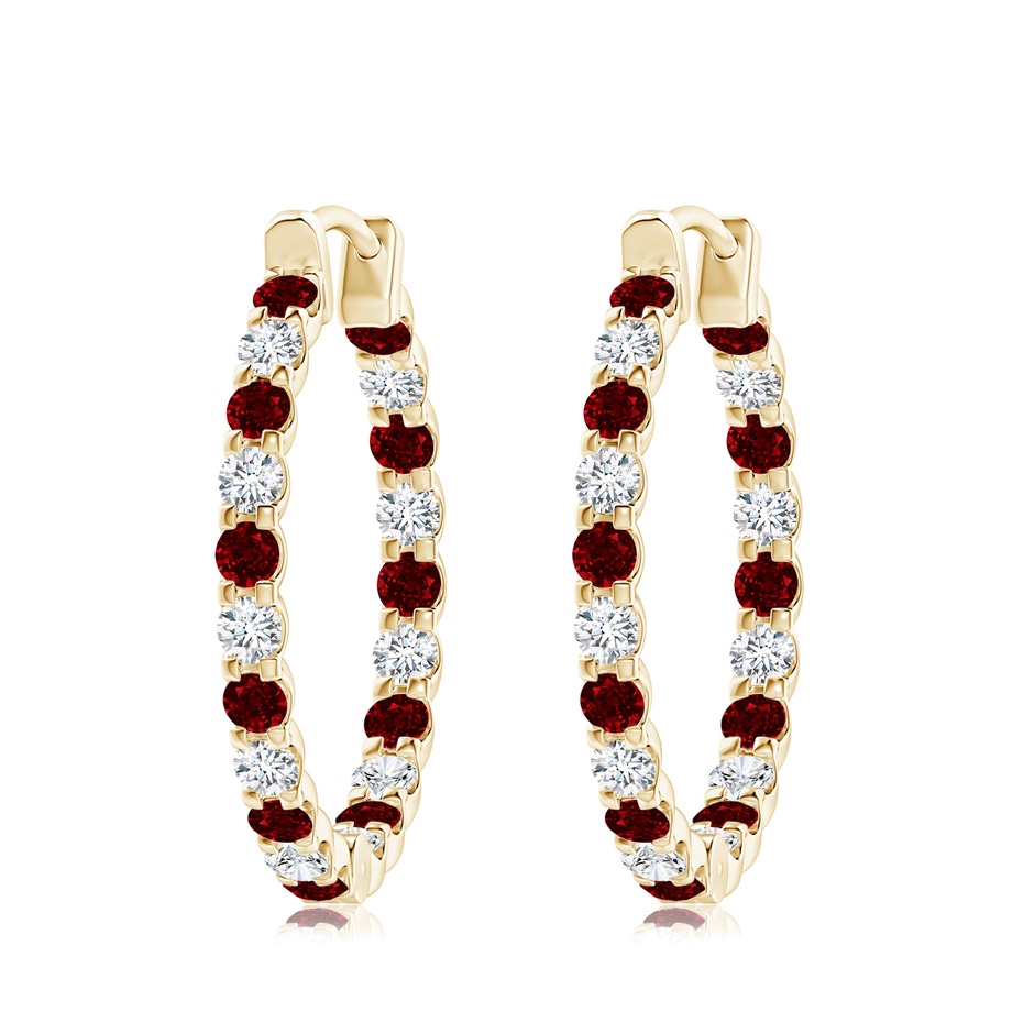 3mm AAAA Prong-Set Ruby and Diamond Inside Out Hoop Earrings in Yellow Gold 