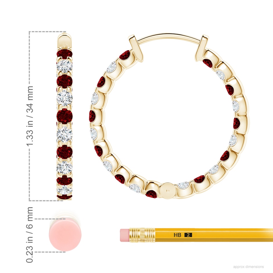 3mm AAAA Prong-Set Ruby and Diamond Inside Out Hoop Earrings in Yellow Gold ruler