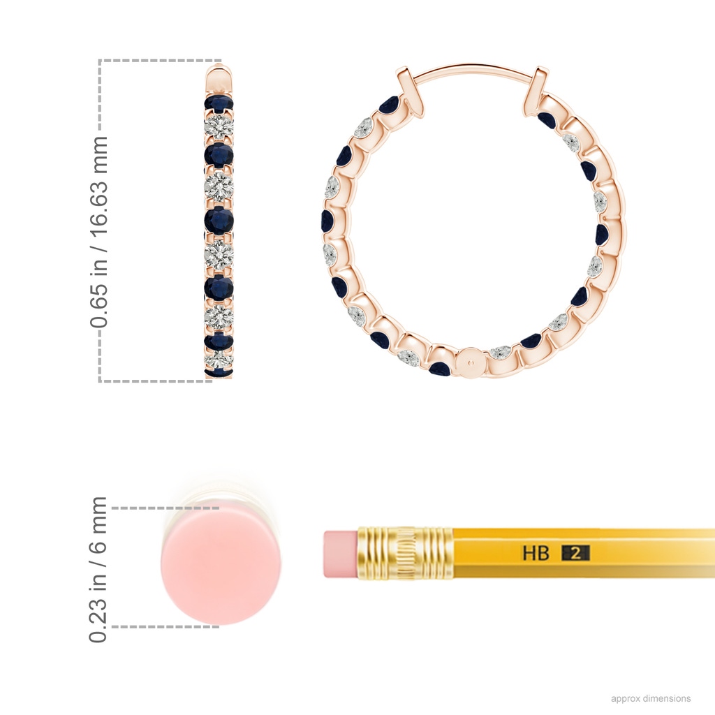 1.5mm A Prong-Set Sapphire and Diamond Inside Out Hoop Earrings in Rose Gold ruler