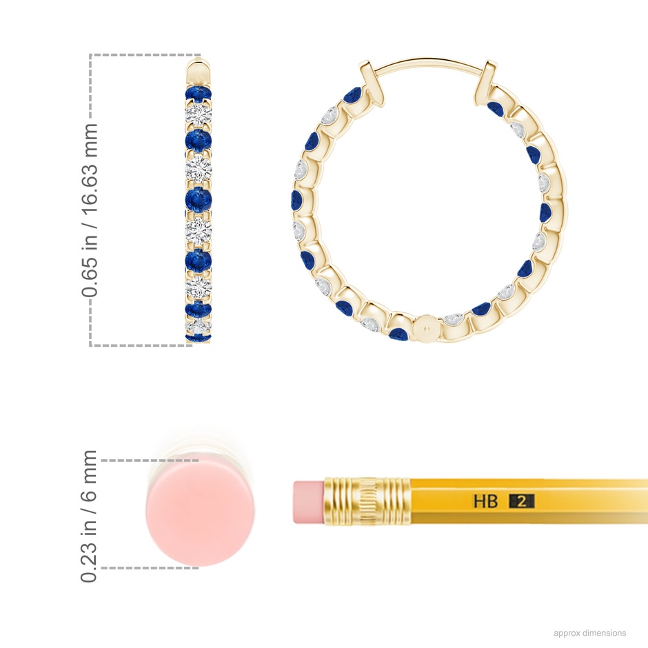 1.5mm AAA Prong-Set Sapphire and Diamond Inside Out Hoop Earrings in Yellow Gold ruler