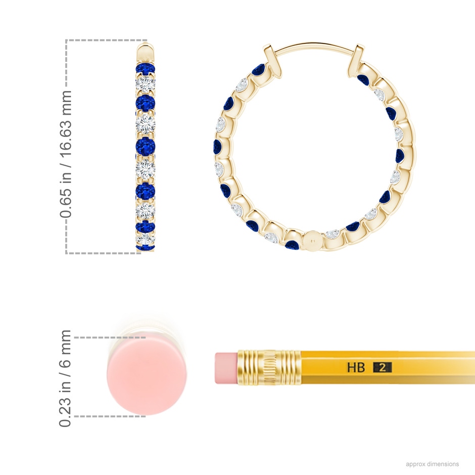 1.5mm Lab-Grown Prong-Set Sapphire and Diamond Inside Out Hoop Earrings in 18K Yellow Gold ruler