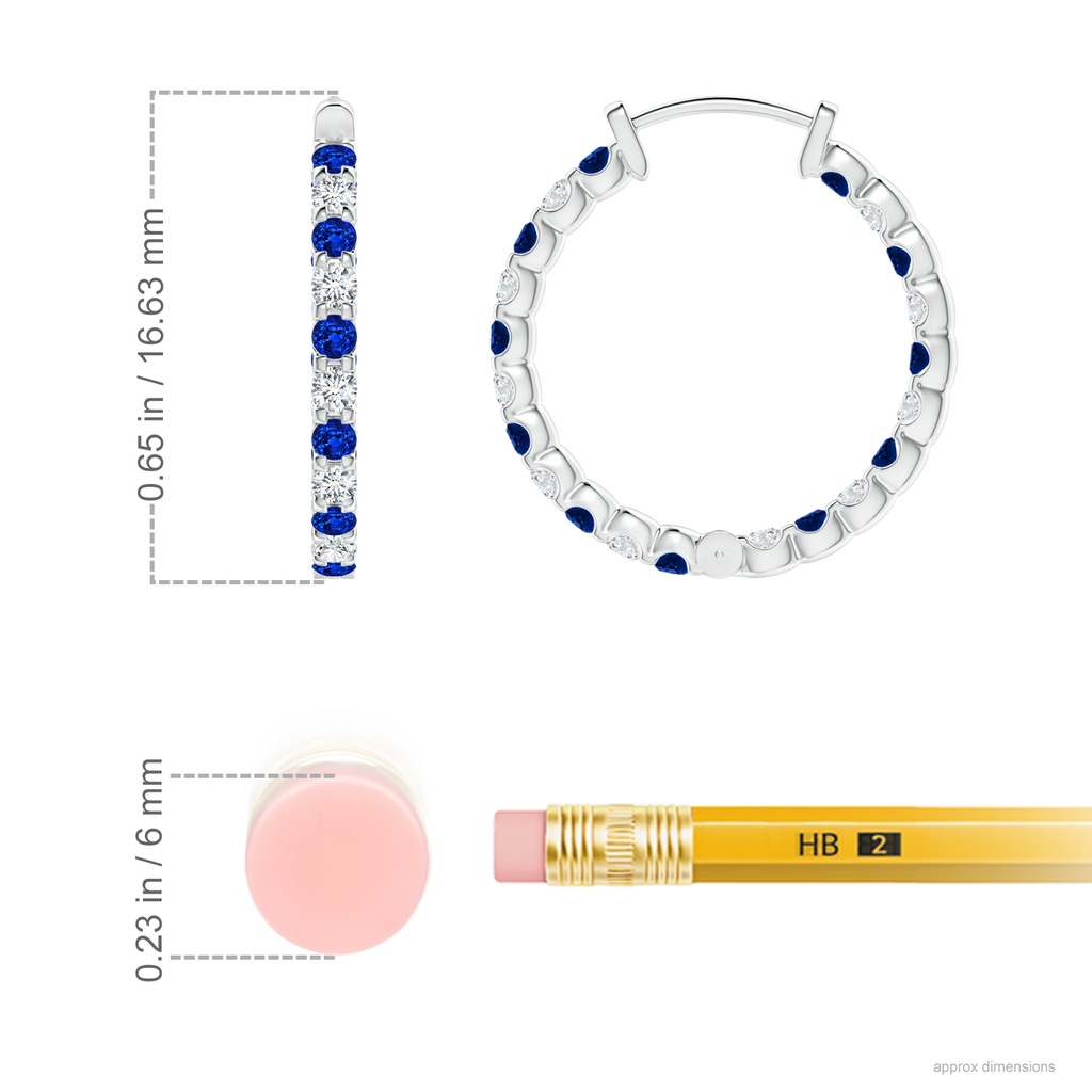 1.5mm AAAA Prong-Set Sapphire and Diamond Inside Out Hoop Earrings in White Gold ruler