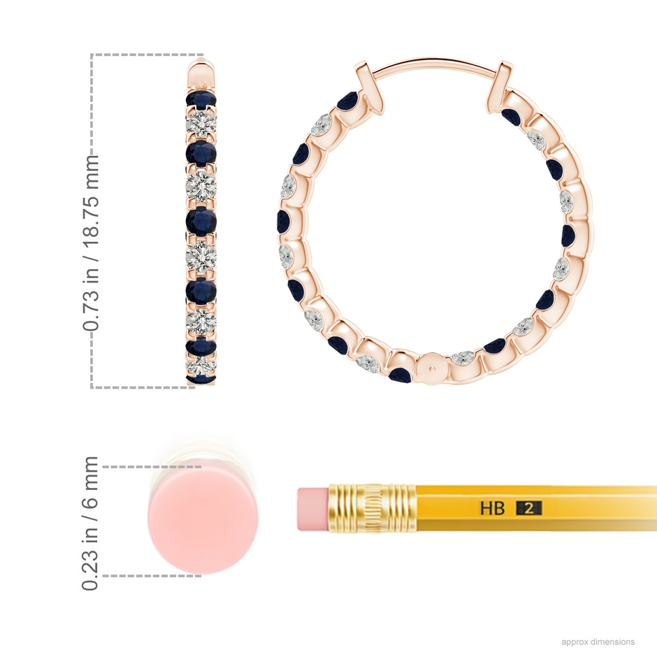 1.7mm A Prong-Set Sapphire and Diamond Inside Out Hoop Earrings in Rose Gold ruler