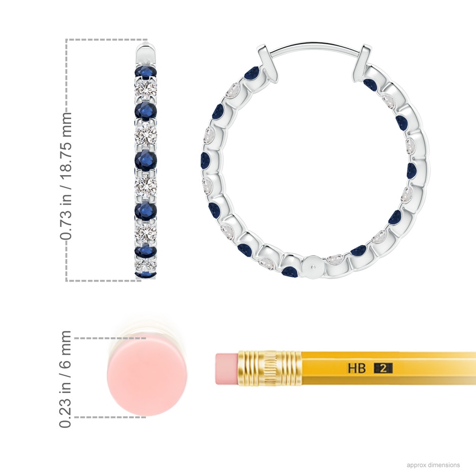 1.7mm AA Prong-Set Sapphire and Diamond Inside Out Hoop Earrings in White Gold ruler