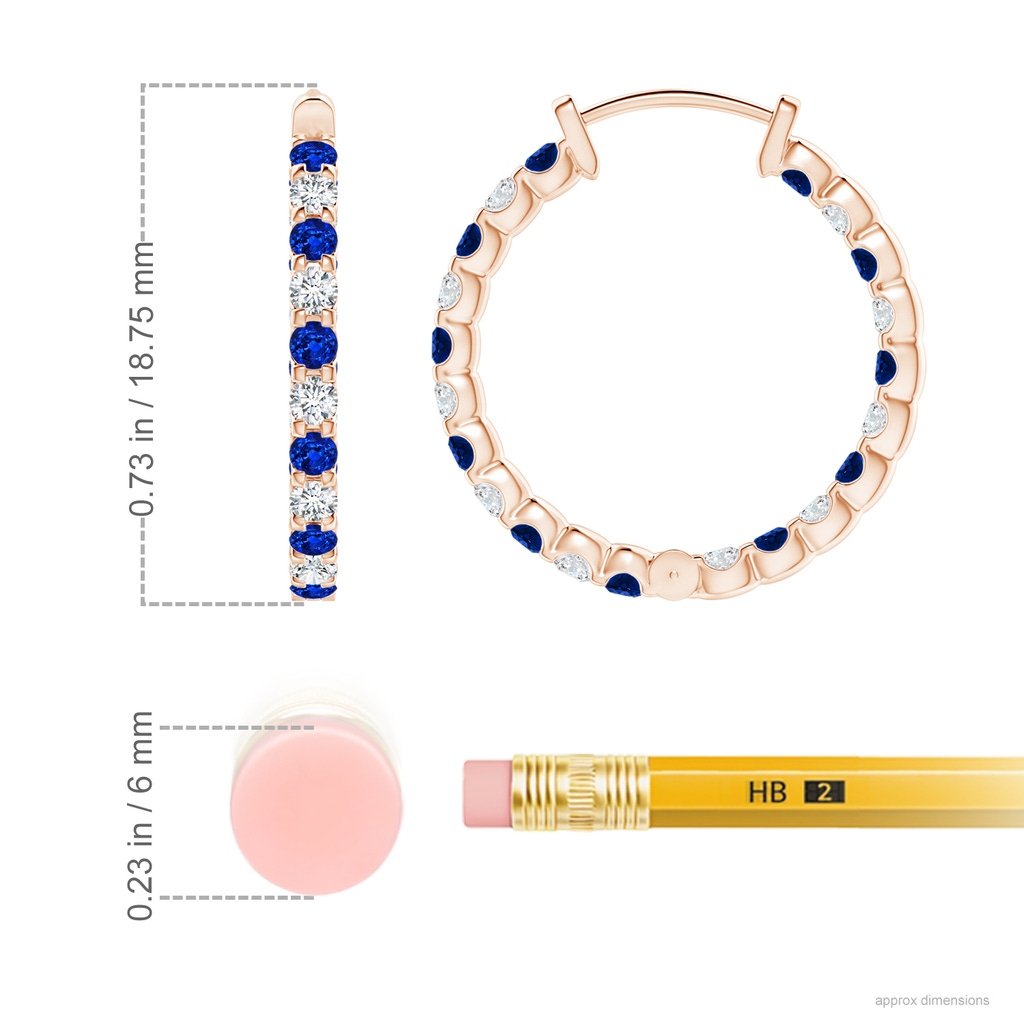 1.7mm AAAA Prong-Set Sapphire and Diamond Inside Out Hoop Earrings in Rose Gold ruler