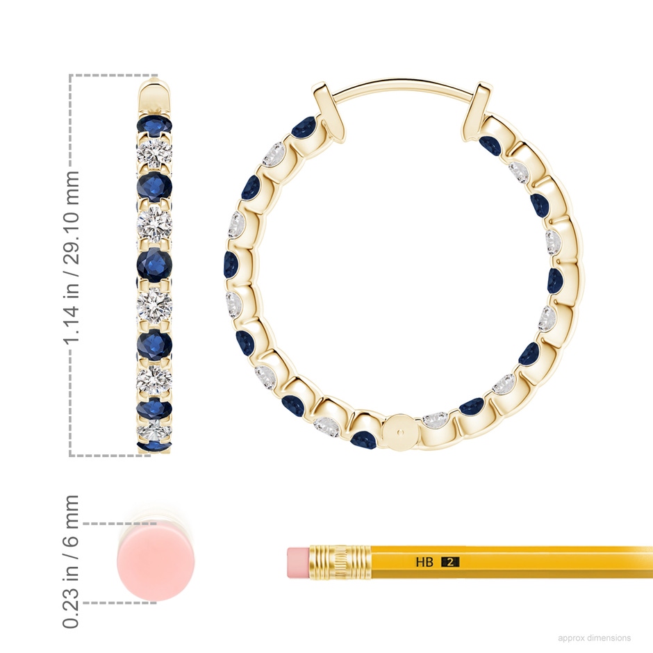 2.5mm AA Prong-Set Sapphire and Diamond Inside Out Hoop Earrings in Yellow Gold ruler