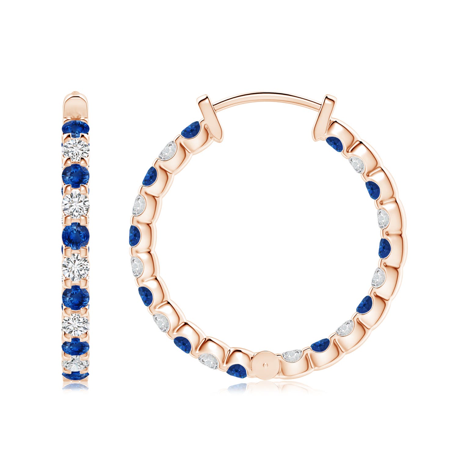 2.5mm AAA Prong-Set Sapphire and Diamond Inside Out Hoop Earrings in Rose Gold