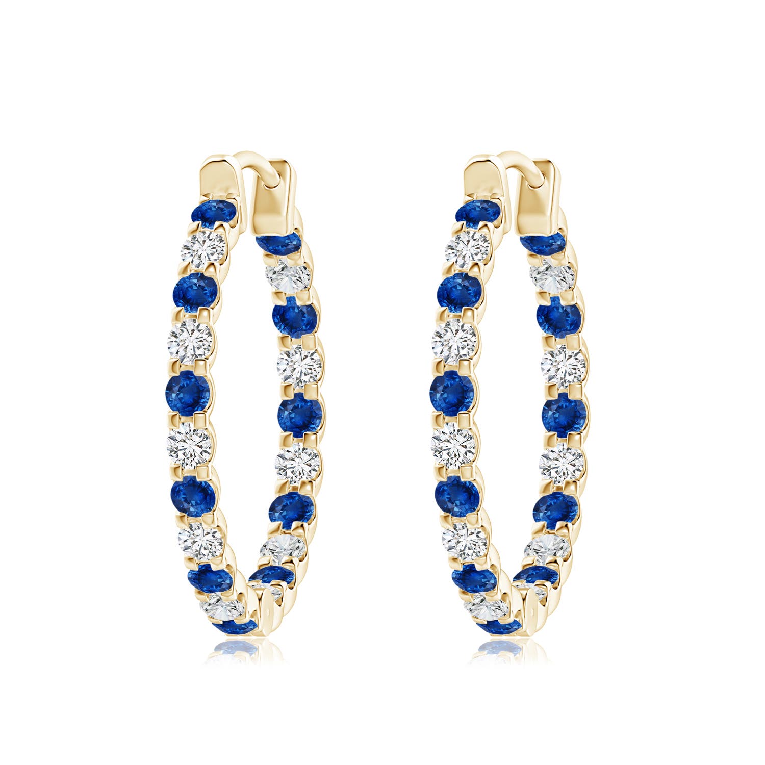 2.5mm AAA Prong-Set Sapphire and Diamond Inside Out Hoop Earrings in Yellow Gold