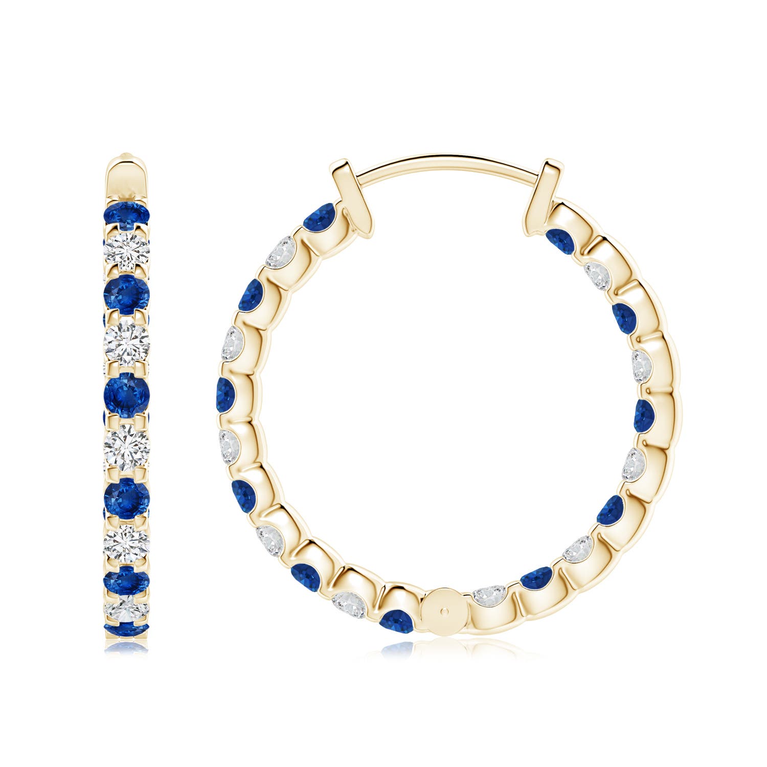 2.5mm AAA Prong-Set Sapphire and Diamond Inside Out Hoop Earrings in Yellow Gold