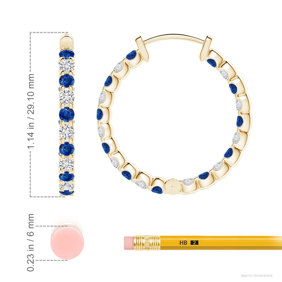 2.5mm AAA Prong-Set Sapphire and Diamond Inside Out Hoop Earrings in Yellow Gold ruler