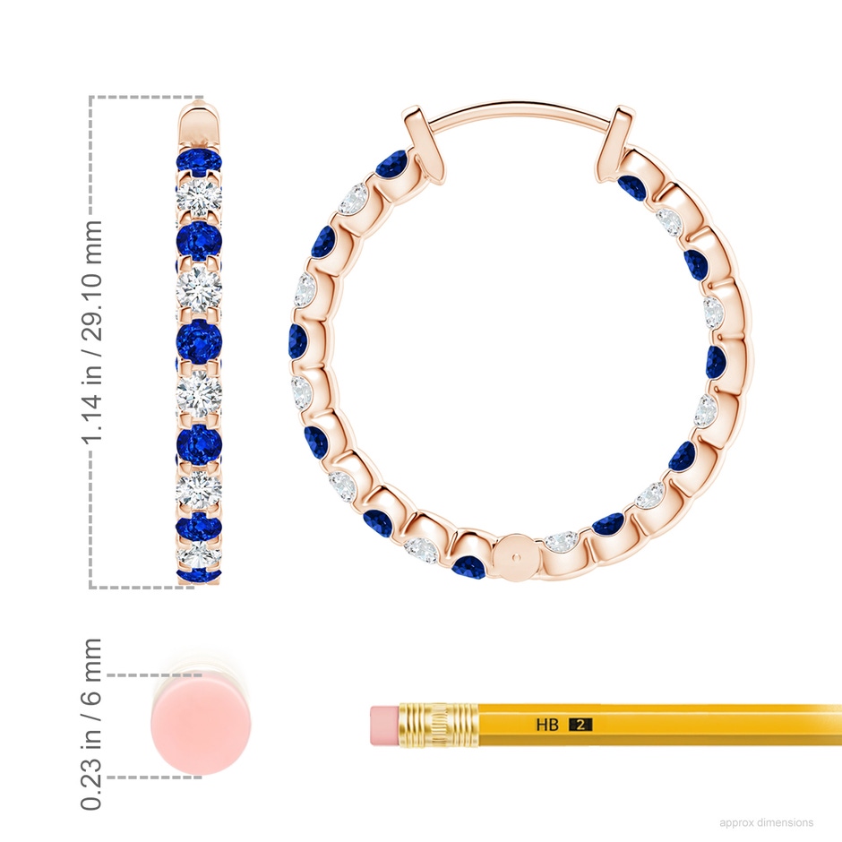 2.5mm AAAA Prong-Set Sapphire and Diamond Inside Out Hoop Earrings in 18K Rose Gold ruler