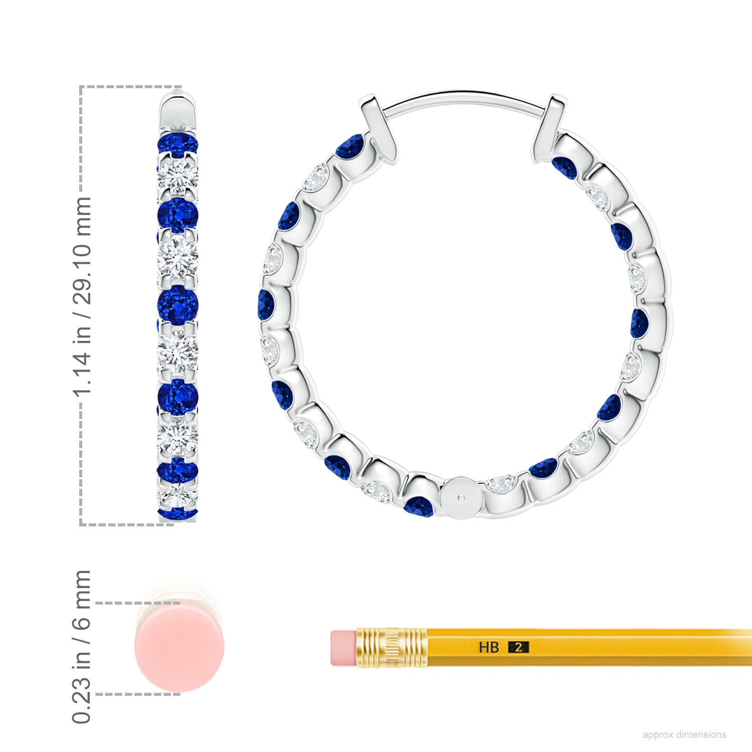 2.5mm AAAA Prong-Set Sapphire and Diamond Inside Out Hoop Earrings in White Gold - ruler