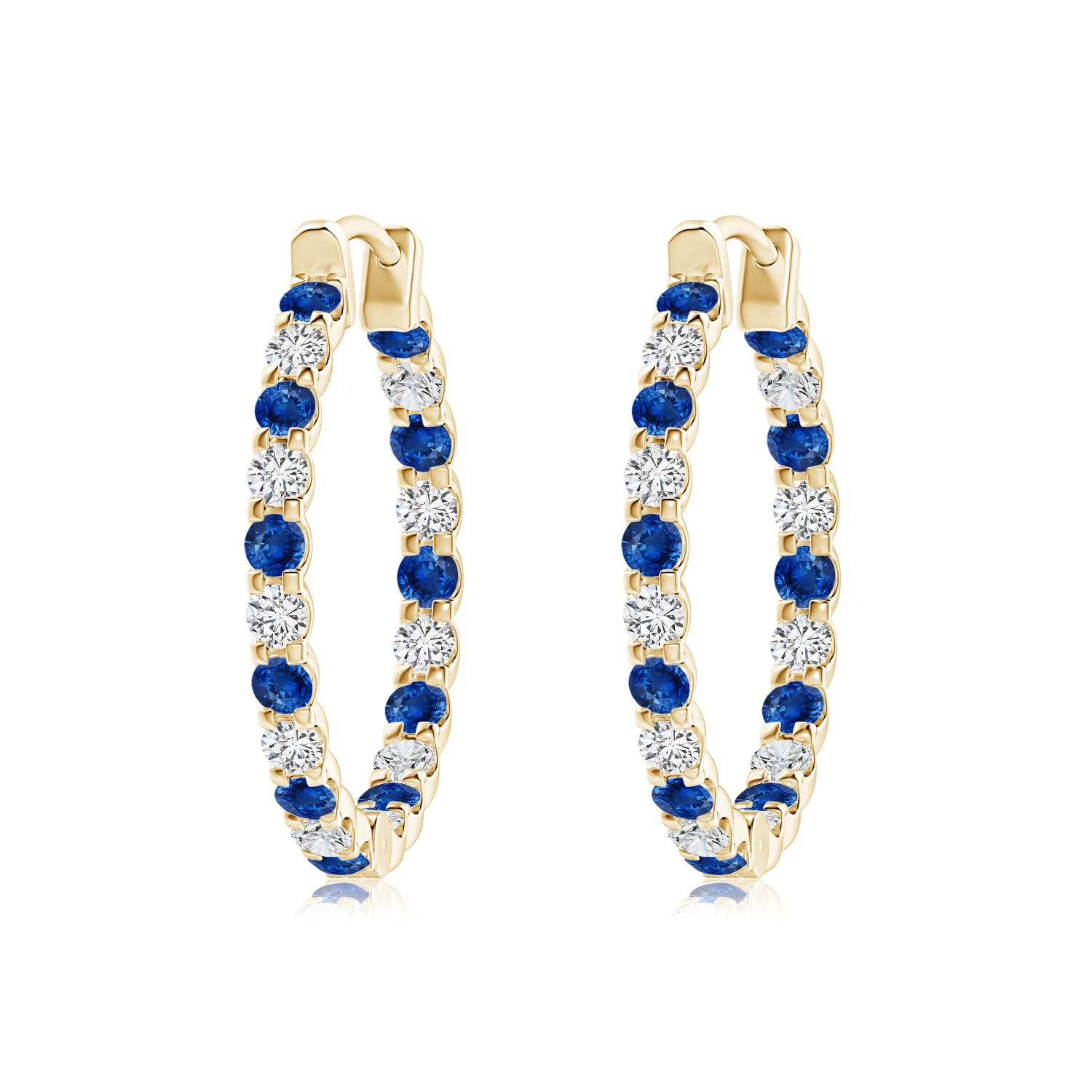 2mm AAA Prong-Set Sapphire and Diamond Inside Out Hoop Earrings in Yellow Gold