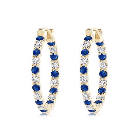 2mm AAA Prong-Set Sapphire and Diamond Inside Out Hoop Earrings in Yellow Gold