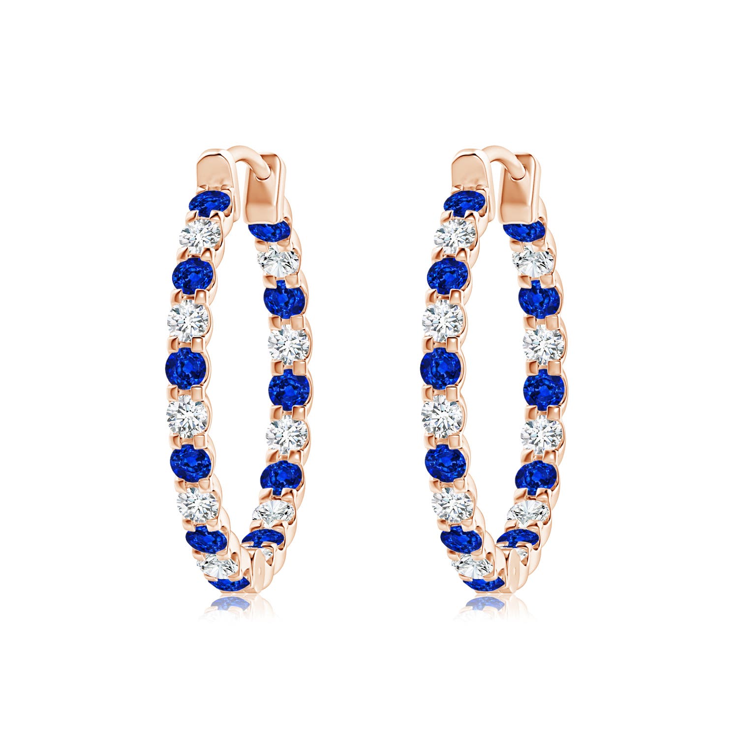 2mm AAAA Prong-Set Sapphire and Diamond Inside Out Hoop Earrings in Rose Gold