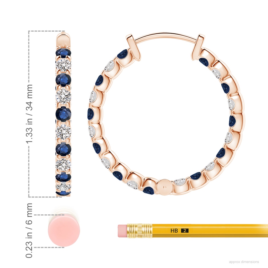 3mm AA Prong-Set Sapphire and Diamond Inside Out Hoop Earrings in Rose Gold ruler