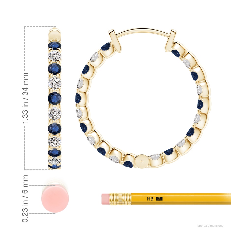 3mm AA Prong-Set Sapphire and Diamond Inside Out Hoop Earrings in Yellow Gold ruler