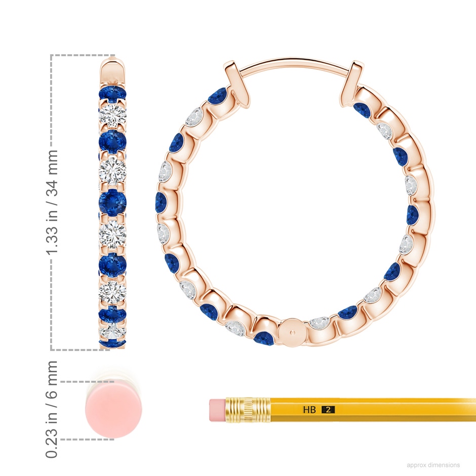 3mm AAA Prong-Set Sapphire and Diamond Inside Out Hoop Earrings in Rose Gold ruler