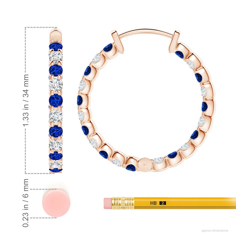 3mm AAAA Prong-Set Sapphire and Diamond Inside Out Hoop Earrings in 18K Rose Gold ruler