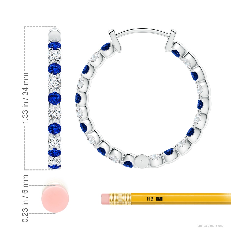3mm AAAA Prong-Set Sapphire and Diamond Inside Out Hoop Earrings in P950 Platinum ruler